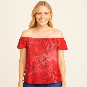 Jane Ashley Red Pink Floral Graphic Ruffled Blouse